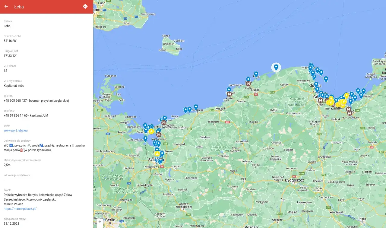 Mapa Polski z zaznaczonymi popularnymi miejscowościami nad morzem dla rodzin
