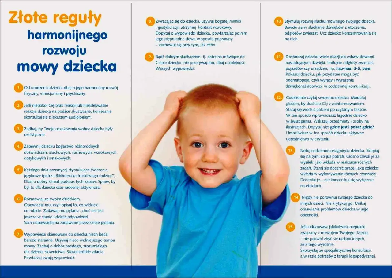 Rozwój mowy dziecka etapami infografika